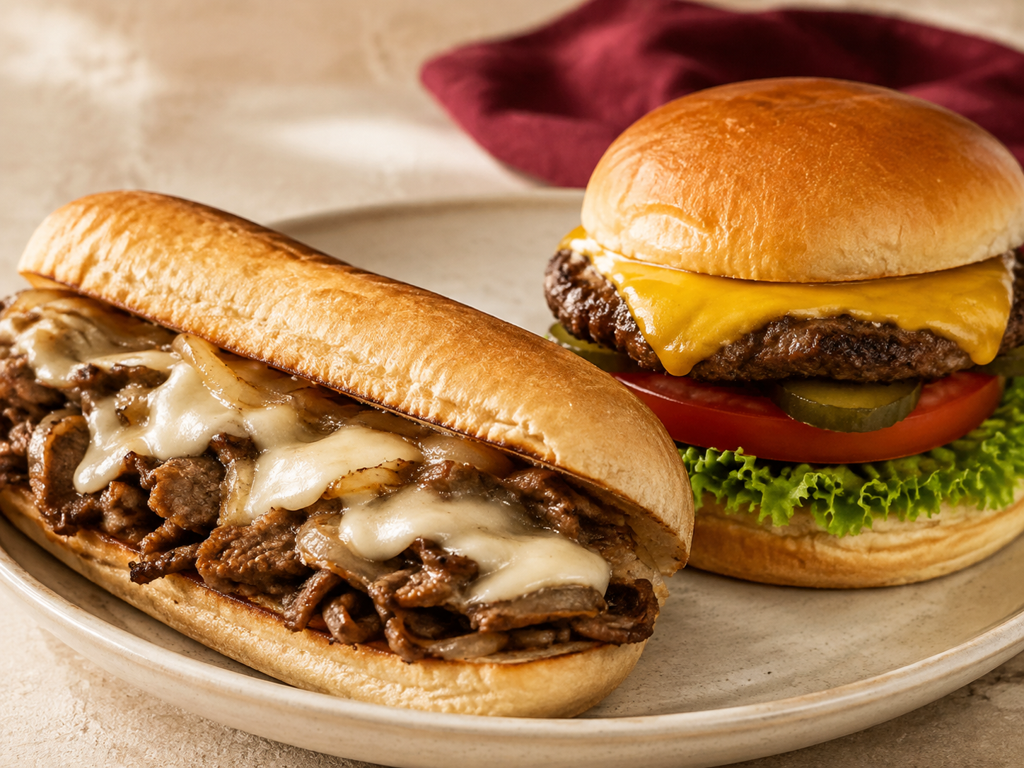 Illustrative toasted cheesesteak and a beef cheeseburger with lettuce and tomato