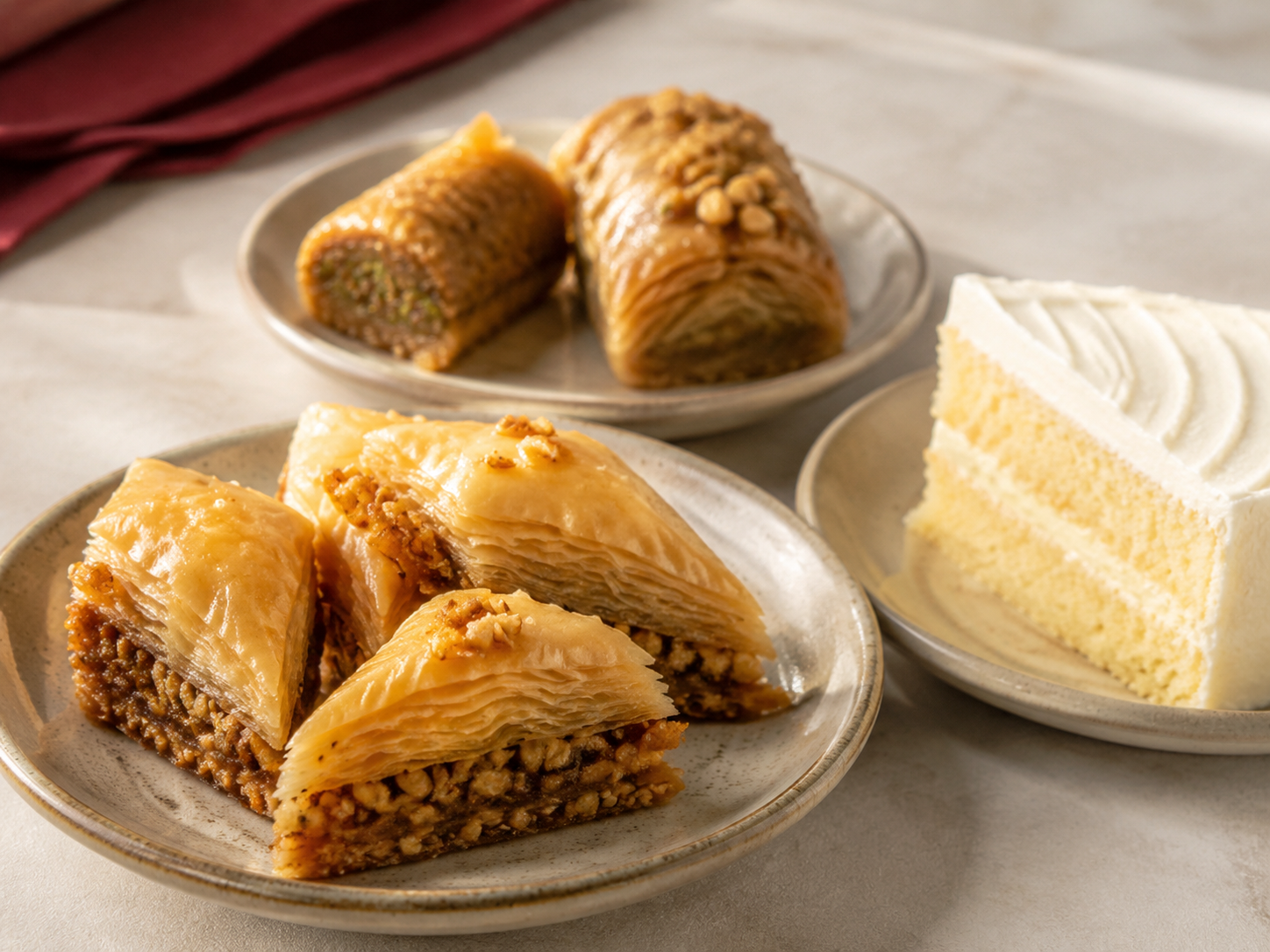 Illustrative assortment of flaky nut pastries and a slice of cream-layer cake
