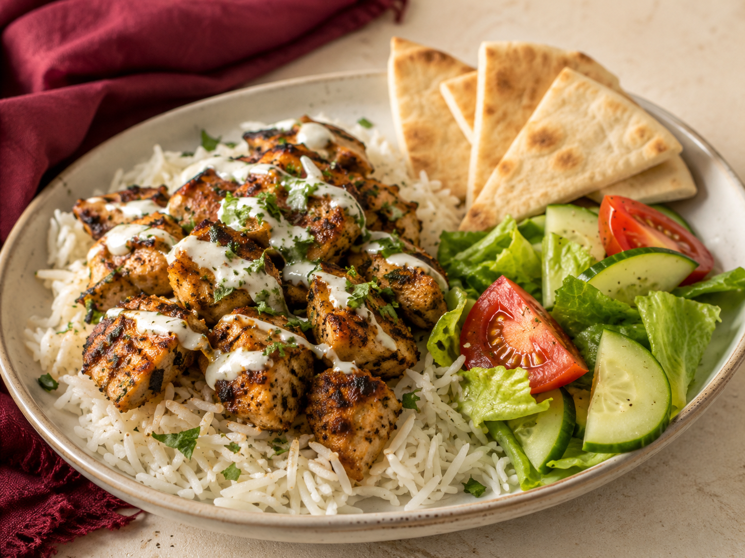 Illustrative chicken platter with basmati rice, fresh salad and pita